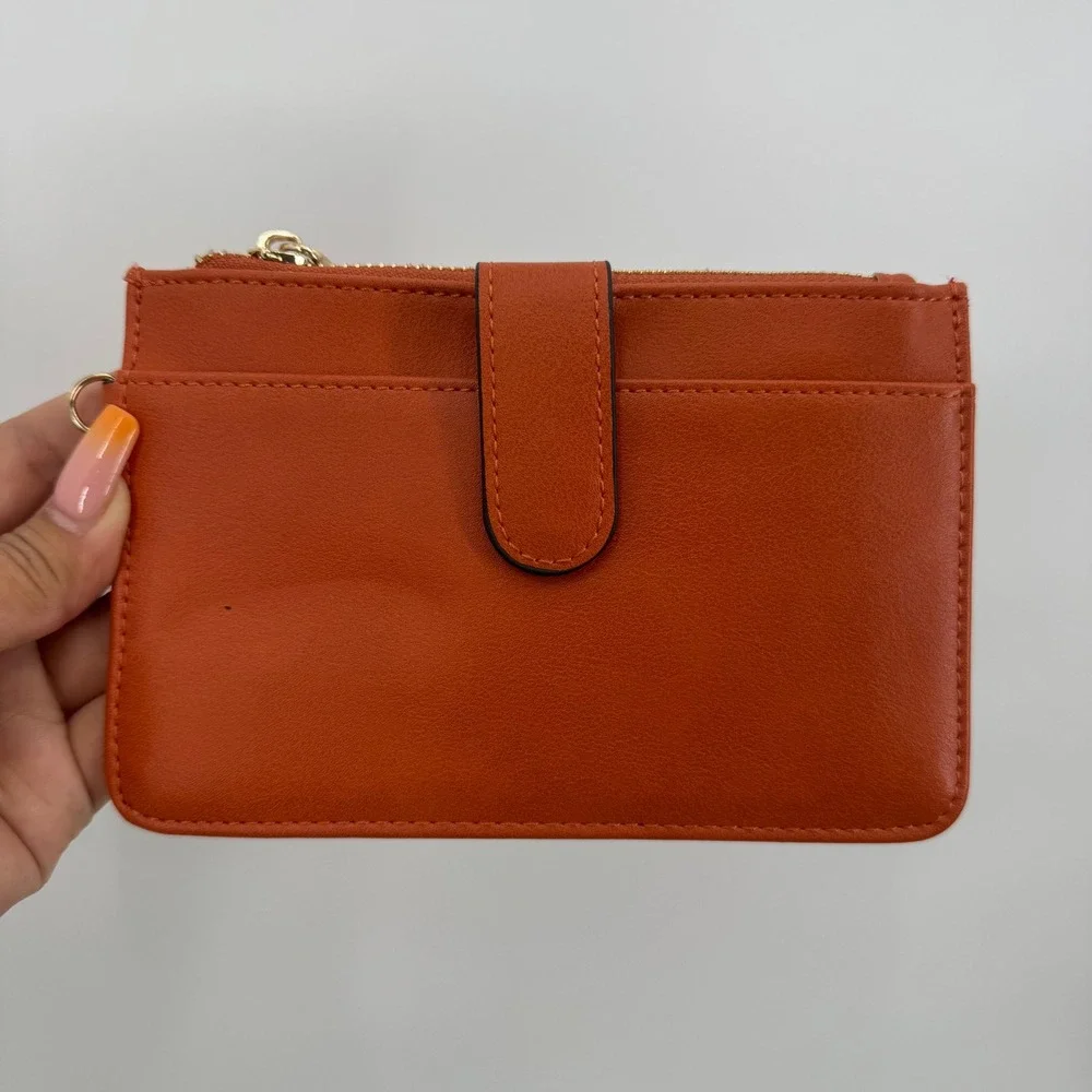 Jen & Co Burnt Orange Vegan Leather Slim Zip Card Case Wallet Gold Hardware